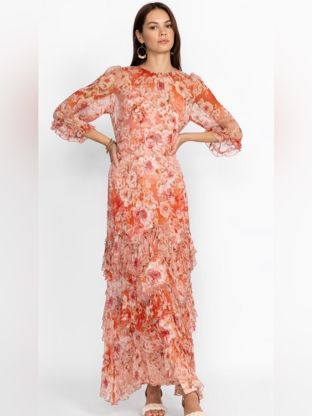 Johnny Was Pink Coral Floral Ruffle Maxi Dress - Picture 8 of 14